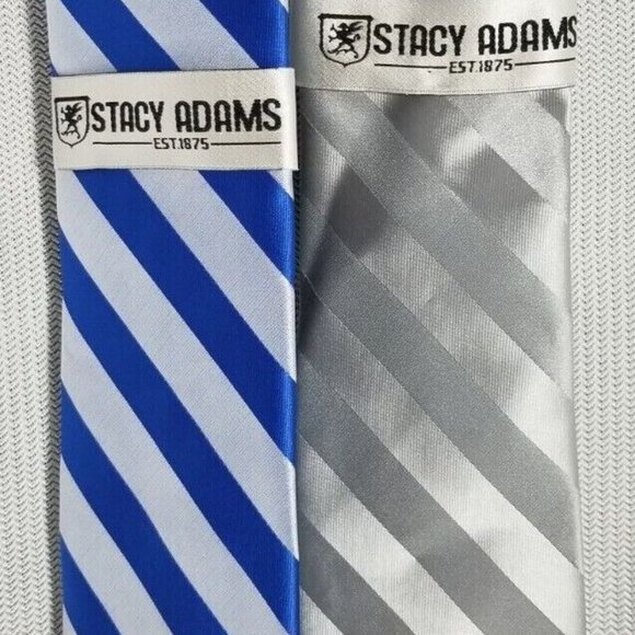 Stacy Adams TWO PACK Extra Long Formal Stripe Tie Handkerchief SILVER + BLUE SET - Picture 8 of 8